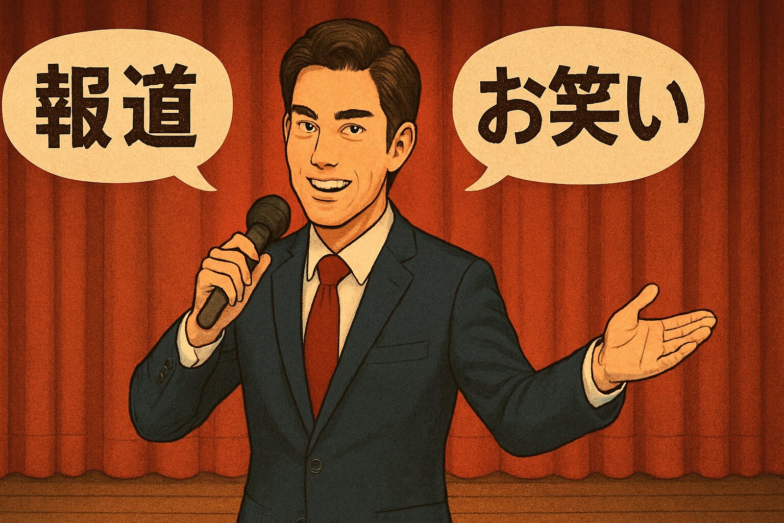 An illustration of a handsome Japanese male announcer in his late 40s standing confidently on a stage. He has a well-groomed appearance with a stylish haircut, sharp jawline, and warm smile. He wears a tailored navy-blue suit with a crisp white shirt and a red tie. He holds a microphone in one hand and gestures expressively with the other. The stage is warmly lit with a red velvet curtain in the background. Above him are two elegant Japanese text bubbles: one says “報道” and the other says “お笑い”. The image is sized at 1200x630 pixels and has a polished, professional yet inviting atmosphere.